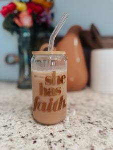 "She has faith" glass cup w/ bamboo lid