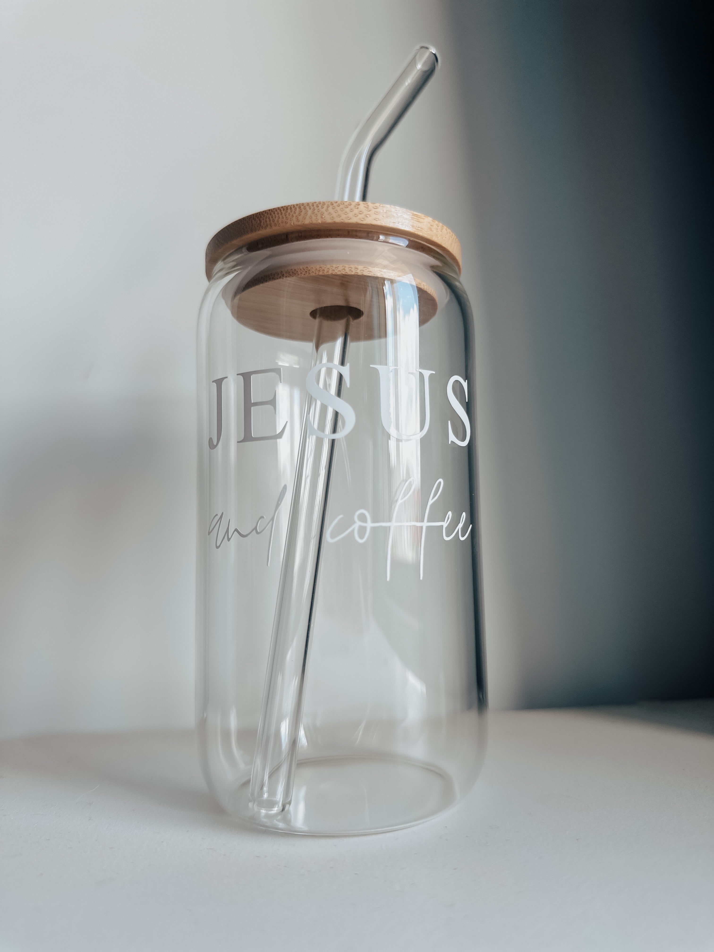 "Jesus and coffee" glass cup w/ bamboo lid