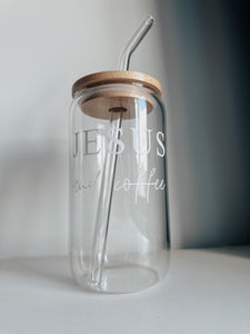 "Jesus and coffee" glass cup w/ bamboo lid