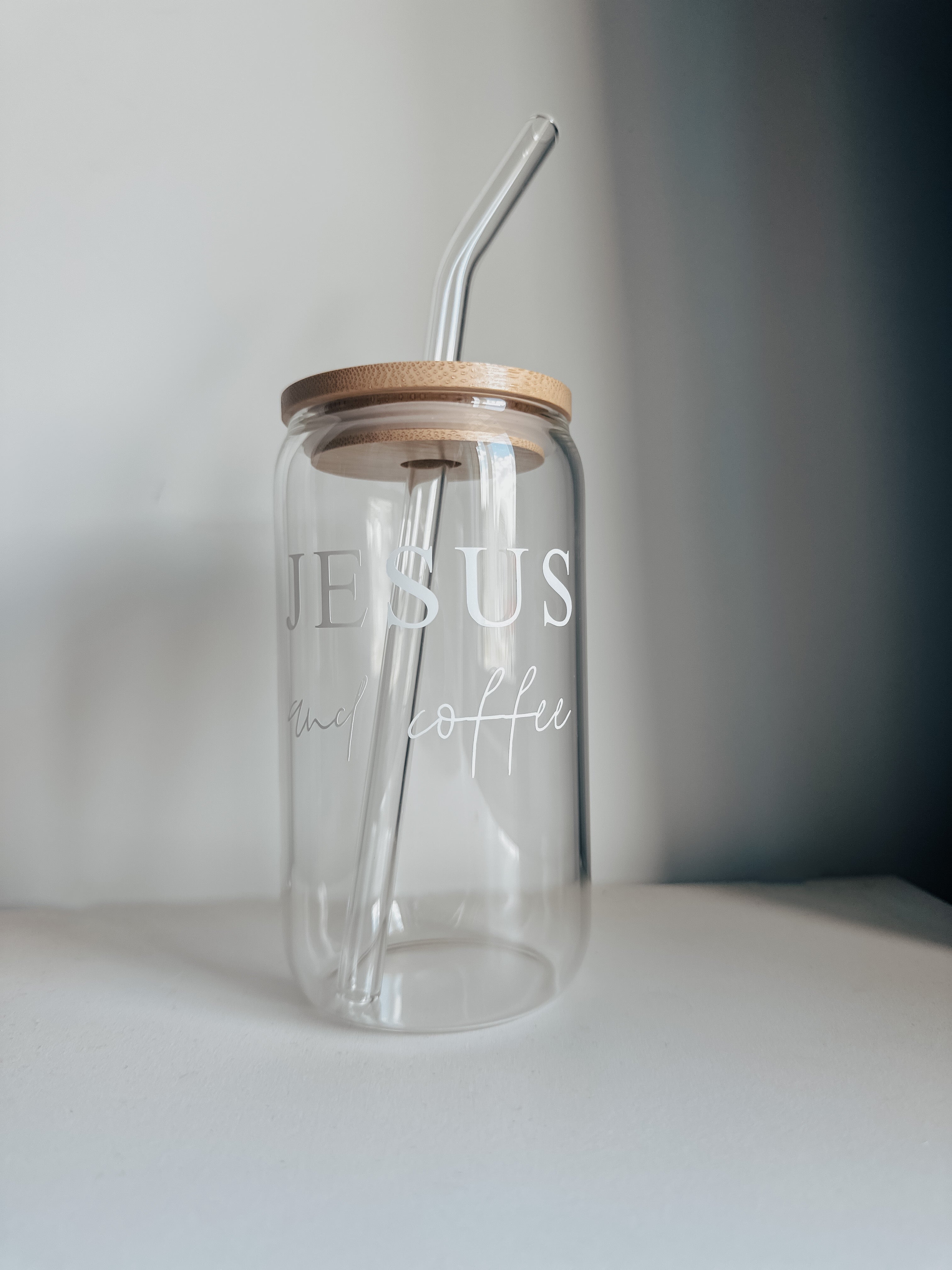 "Jesus and coffee" glass cup w/ bamboo lid