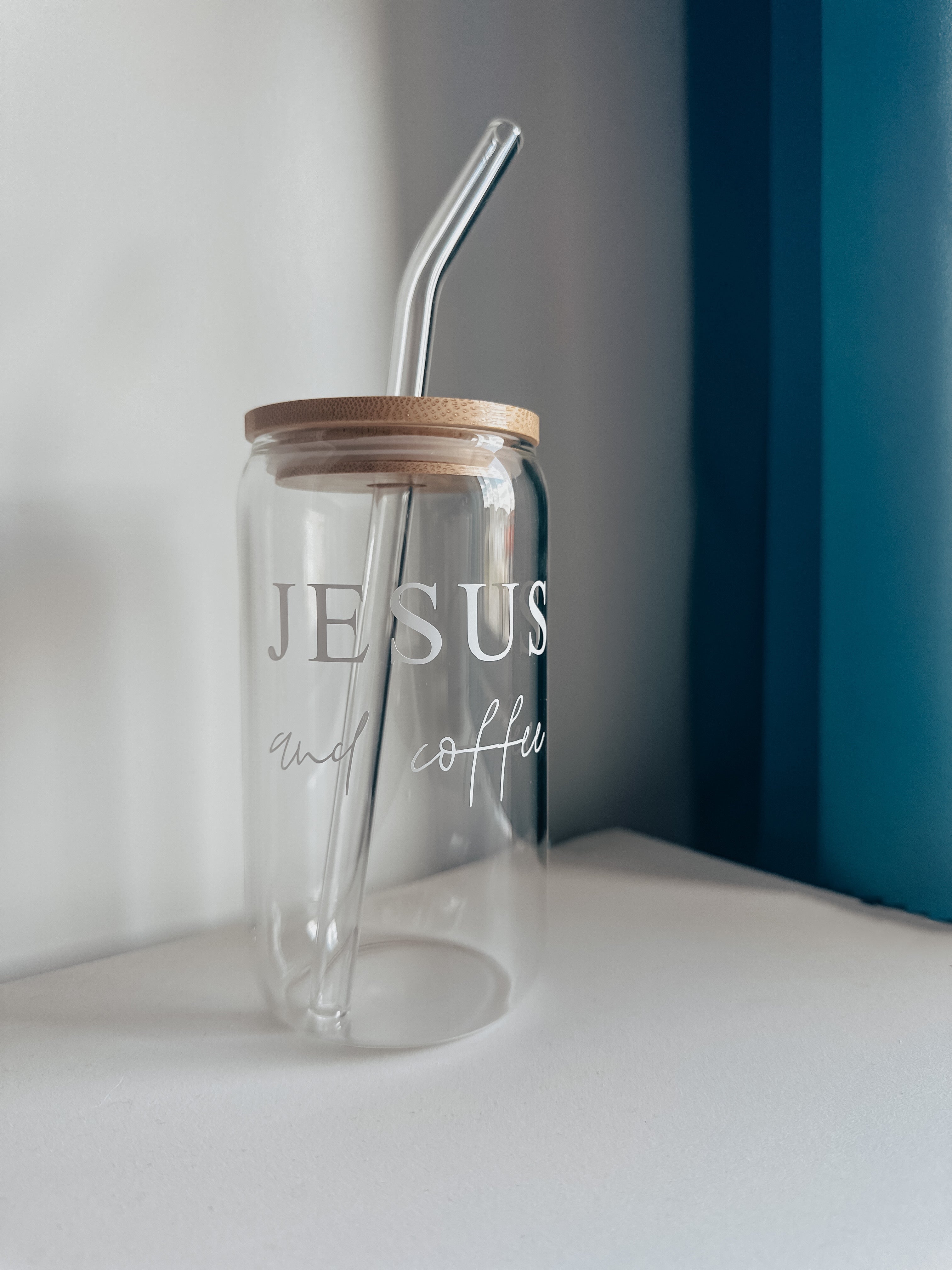 "Jesus and coffee" glass cup w/ bamboo lid
